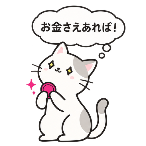 コインに期待を寄せるネコ。心の声は「お金さえあれば!」。