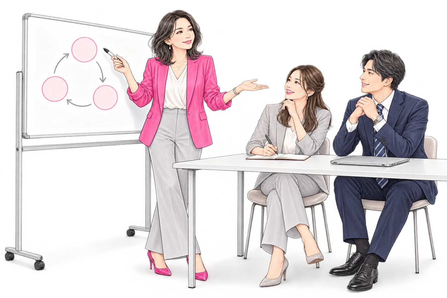 ホワイトボードを使う講師と、話を聞く男女の社員。企業研修のイラスト