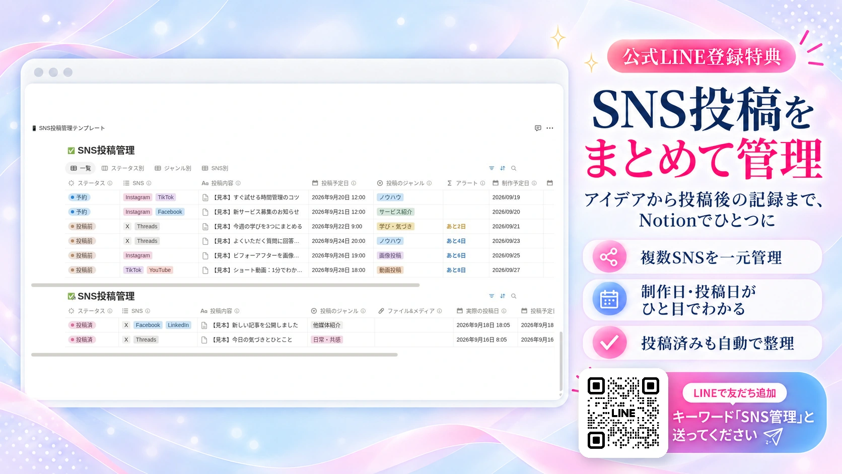 実際のSNS投稿管理Notionテンプレート。投稿ステータス、SNS、内容、投稿日や制作日を一覧管理する画面。
