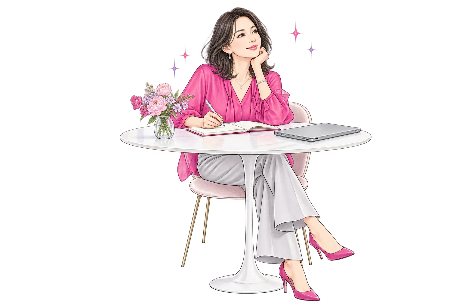 ノートを開き、これからの自分を思い描く女性のイラスト