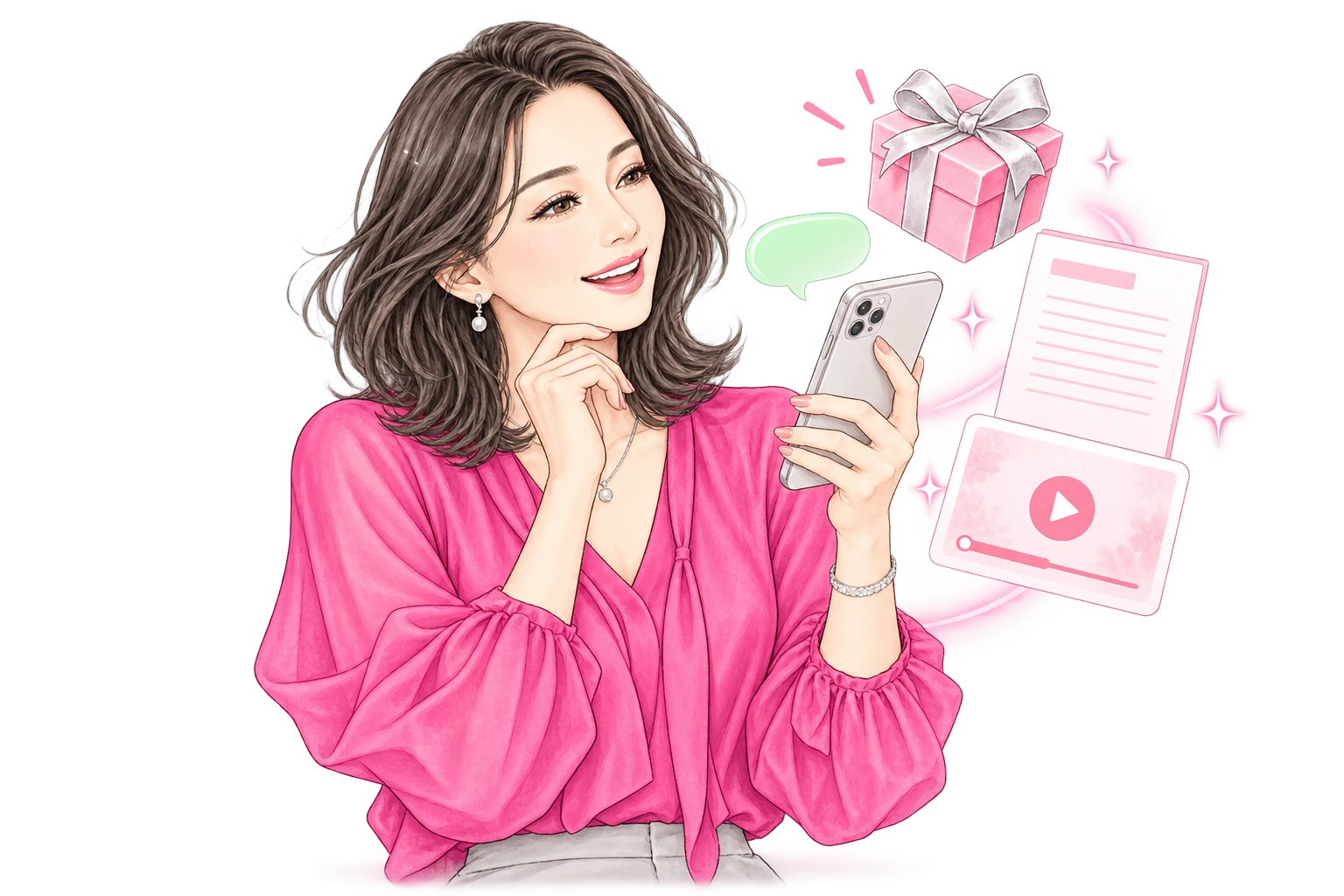 スマートフォンで特典を受け取る女性と、プレゼント・動画・ワークシートのイラスト