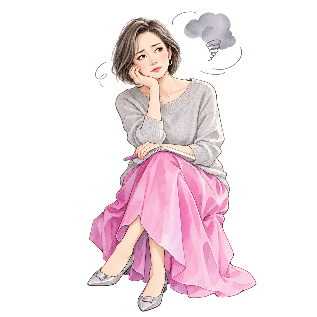 ノートを手に、これからの仕事や暮らしについて考え込む女性のイラスト